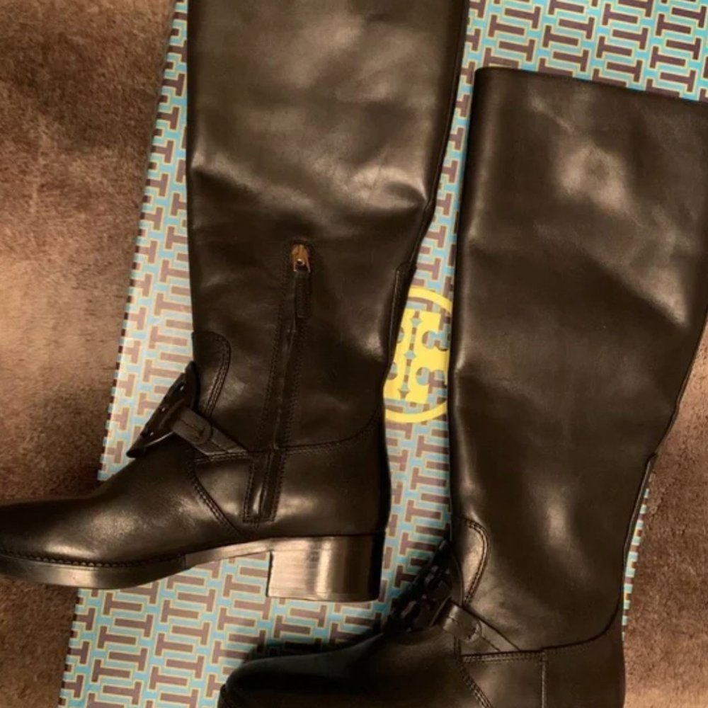 Black Leather Tory Burch Miller Pull-On Below The Knee Boots - Picture 10 of 10